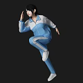 Woman In Blue And White Tracksuit Performing Dynamic Movement On Black Background