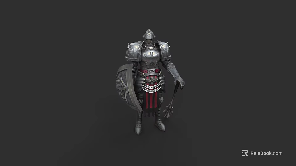 Man in Medieval Armor Holding Shield and Mace Standing in Dark Background 3d model 