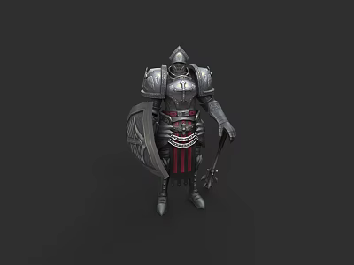 Man in Medieval Armor Holding Shield and Mace Standing in Dark Background 3d model