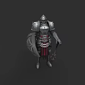 Man in Medieval Armor Holding Shield and Mace Standing in Dark Background