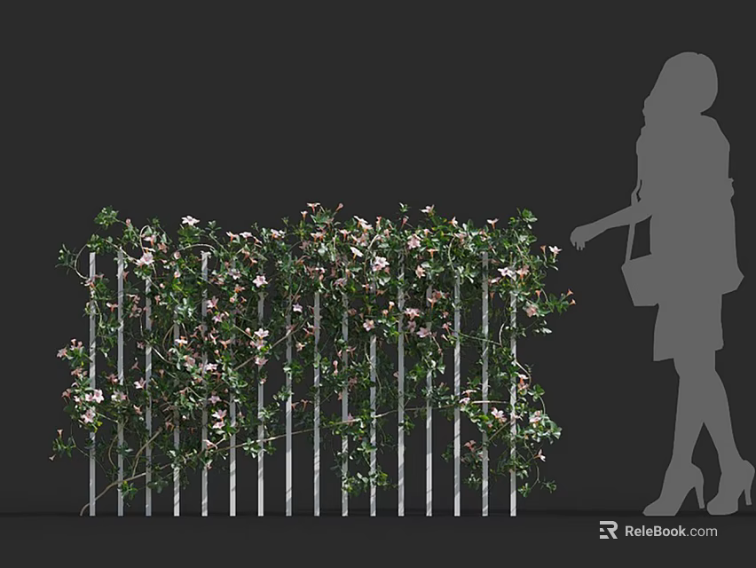 Vines Growing On White Picket Fence Decorated With Pink Flowers And Female Silhouette 3d model 
