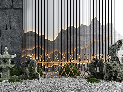 Garden Ornaments With Stone Lantern Rockery Stones Wooden Lattice Fence And Small Green Plants 3d model
