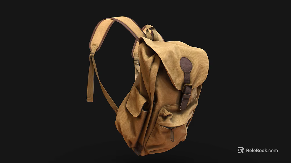 Brown Canvas Backpack With Leather Details Multiple Pockets And Practical Design 3d model 