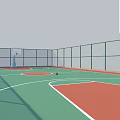 Indoor Basketball Court With Green Floor Red Painted Areas White Lines And Enclosed Fence
