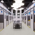 School Science Laboratory With Lab Benches Blue Equipment Yellow Warning Lines And White Walls