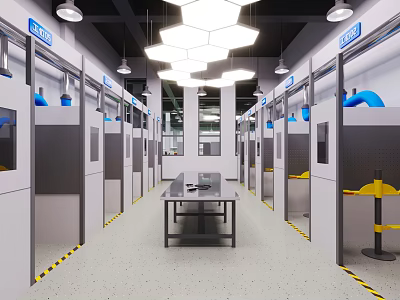 School Science Laboratory With Lab Benches Blue Equipment Yellow Warning Lines And White Walls 3d model