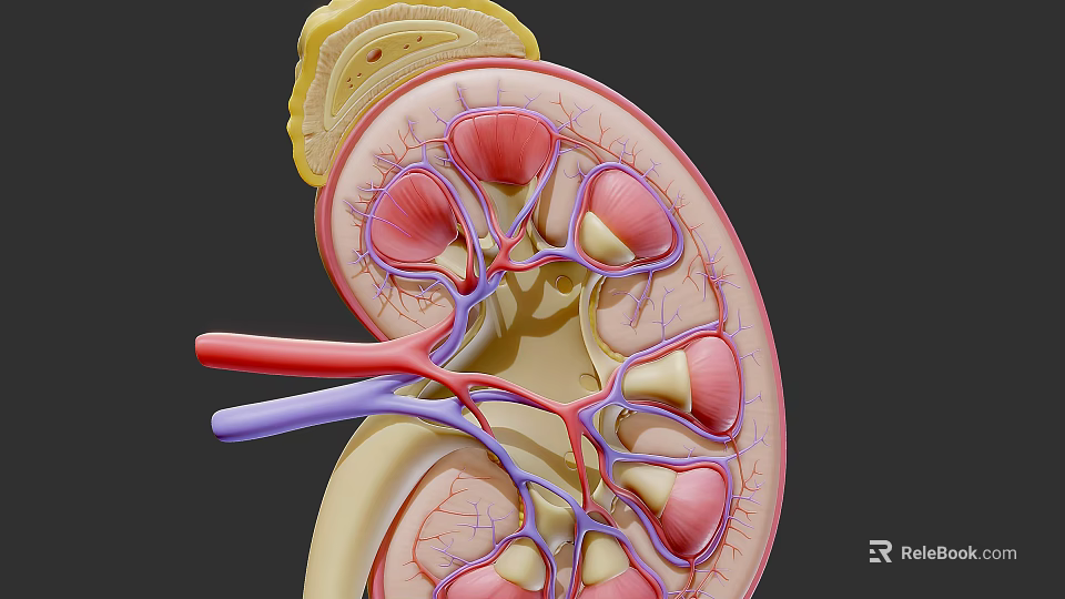 Woman's Kidney Anatomy Structure Showing Detailed Internal Organs And Vessels 3d model 