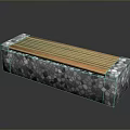 Modern Outdoor Bench With Wooden Slats And Pebble Texture Stone Base Design