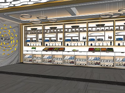Luxurious Clubhouse Interior Featuring Display Shelves Chandeliers Golden Patterned Wall And Wooden Flooring 3d model