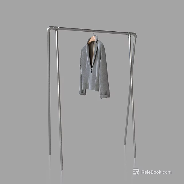 Gray Coat Hanging On Modern Metal Clothes Rack With Silver Frame 3d model