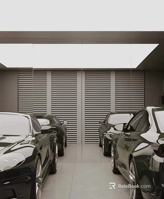 Spacious Modern Garage Interior With Slatted Doors And Parked Black Luxury Cars 3d model 