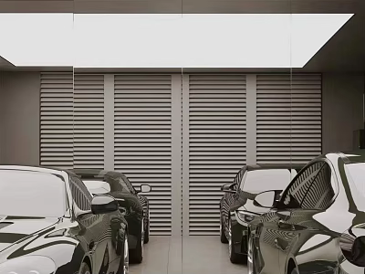 Spacious Modern Garage Interior With Slatted Doors And Parked Black Luxury Cars 3d model