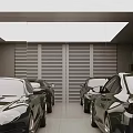 Spacious Modern Garage Interior With Slatted Doors And Parked Black Luxury Cars