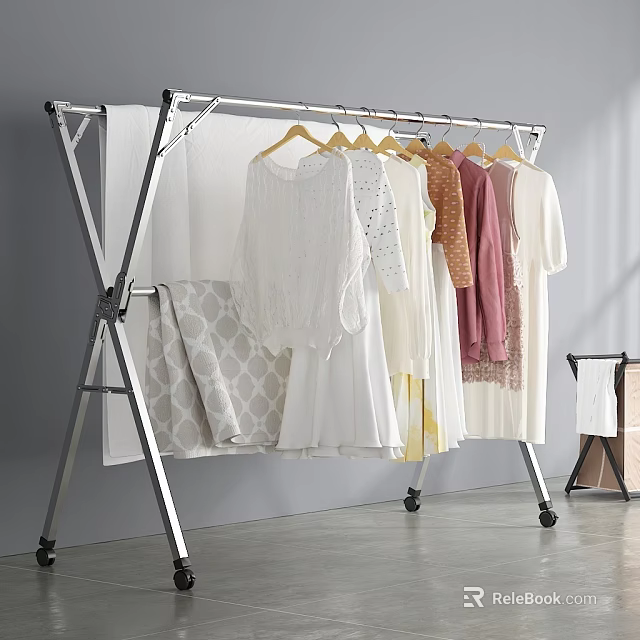 Collapsible Silver Metal Storage Rack With Wheels For Hanging Clothes And Blankets 3d model 
