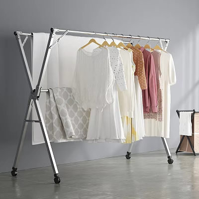 Collapsible Silver Metal Storage Rack With Wheels For Hanging Clothes And Blankets 3d model