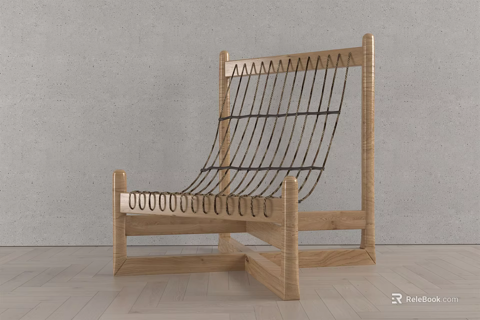 Minimalist Wooden Lounge Chair With Black Woven Ropes Against Gray Wall 3d model 