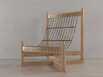Minimalist Wooden Lounge Chair With Black Woven Ropes Against Gray Wall 3d model