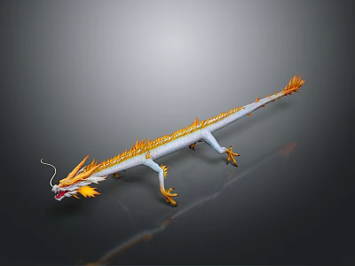 White and Orange Dragon Sculpture With Yellow Claws Manes And Slender Body On Dark Background 3d model