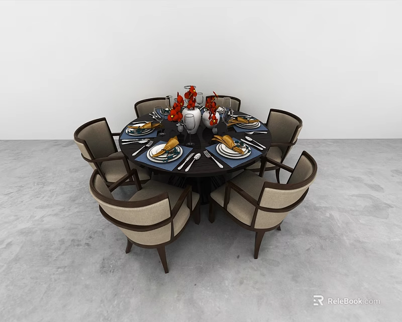 Modern Round Dining Table Set With Matching Chairs Tableware And Floral Decorations 3d model 