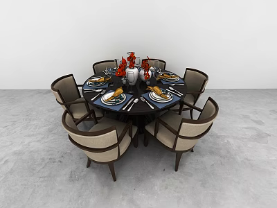 Modern Round Dining Table Set With Matching Chairs Tableware And Floral Decorations 3d model
