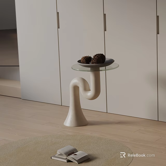 Modern Side Table With Glass Top White Curved Base And Decorative Pinecones 3d model 