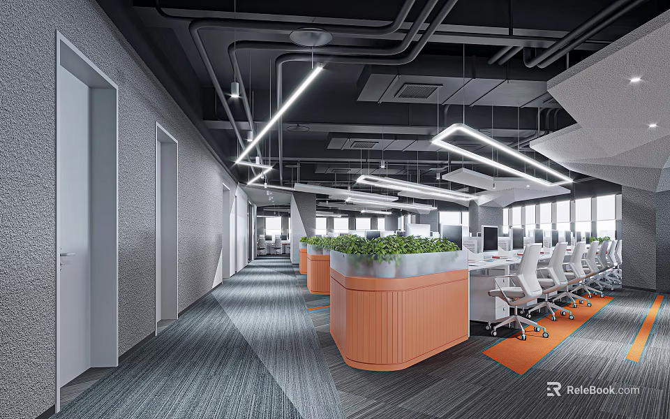 Modern Public Office Area Interior With Open Layout Work Desks Hanging Lights And Green Plants 3d model 