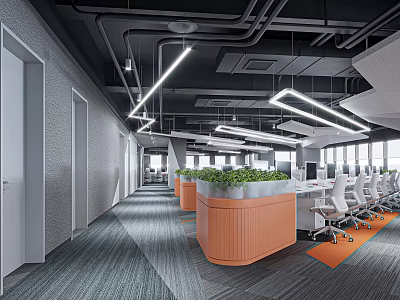 Modern Public Office Area Interior With Open Layout Work Desks Hanging Lights And Green Plants 3d model
