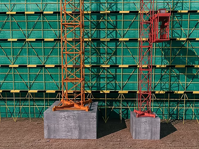 Swing Door Installation On Construction Site With Scaffolding And Tower Cranes 3d model