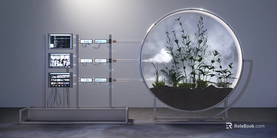 Contemporary Art Installation With Circular Transparent Enclosure Growing Plants Adjacent Screens And Metallic Tubes 3d model 