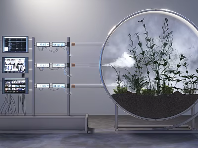 Contemporary Art Installation With Circular Transparent Enclosure Growing Plants Adjacent Screens And Metallic Tubes 3d model