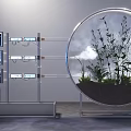 Contemporary Art Installation With Circular Transparent Enclosure Growing Plants Adjacent Screens And Metallic Tubes