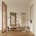 Minimalist Entryway Interior With Wavy Mirror Bench And Hanging Coats Potted Plant And Natural Light