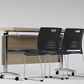 Modern Light Wood Conference Table With Black Chairs On Wheels Design