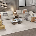 Modern Living Room with Wooden Wall White Sofa Yellow Armchairs and Floor-to-Ceiling Windows Mountain View