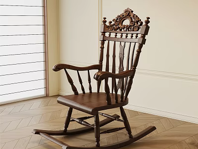 Classic Wooden Rocking Chair With Carved Backrest And Leather Seat In Room With Wooden Floor 3d model