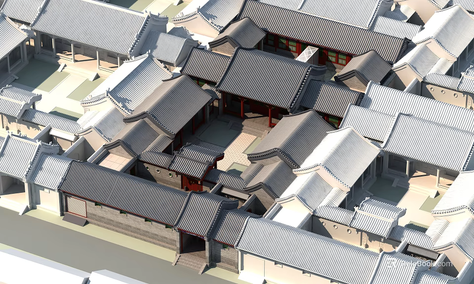 Ancient Architecture Complex Featuring Traditional Tile Roofs And Courtyard Layout 3d model