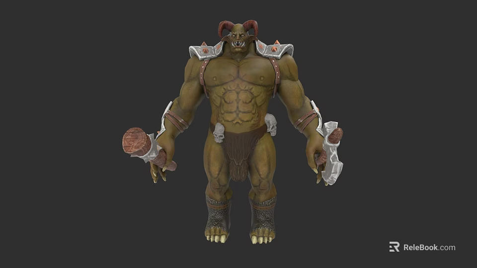 Muscular Horned Orc Warrior Game Character With Green Skin Bone Decorations And Weapon 3d model 