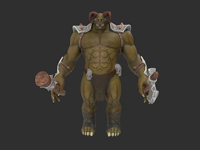 Muscular Horned Orc Warrior Game Character With Green Skin Bone Decorations And Weapon 3d model