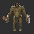 Muscular Horned Orc Warrior Game Character With Green Skin Bone Decorations And Weapon