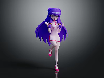 Anime Style Character Figure with Long Purple Hair and Pink Outfit Standing Pose 3d model