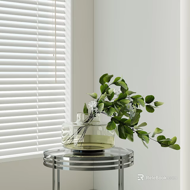 Glass Vase With Green Leaves And White Flowers On Round Metal Tray By White Blinds 3d model 