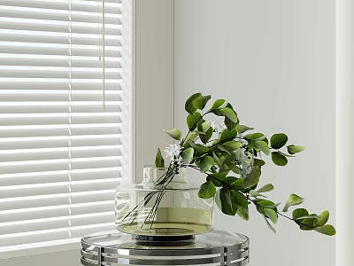 Glass Vase With Green Leaves And White Flowers On Round Metal Tray By White Blinds 3d model