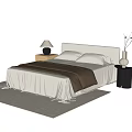 Double Bed with White Sheets Brown Blanket Bedside Table Lamp and Vase on Rug