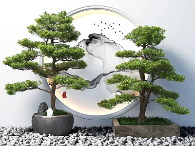 Two Bonsai Trees in Pots with Circular Mountain Painting Flying Birds and Pebbles 3d model