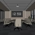 Modern Conference Room Interior With Digital Clock Display Long Table And Floor to Ceiling Windows 3d model