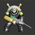Game Movie Character Robot With Silver Armor Green Yellow Accents Holding Gun And Shoulder Cannons