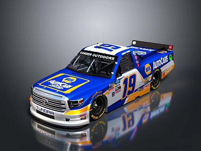 Blue And Yellow Sponsored Race Truck With Moochoose Logo And Number 19 3d model