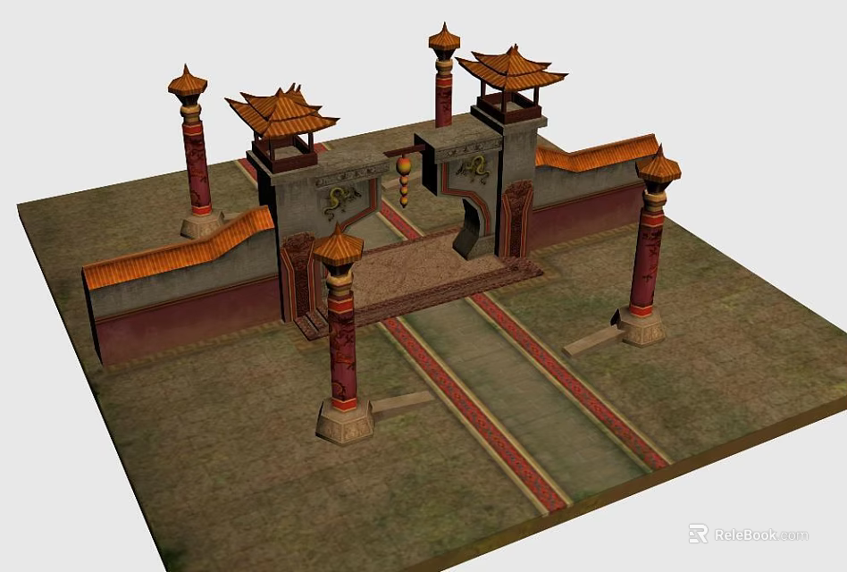 Ancient Architecture Gateway Featuring Traditional Roof Red Pillars And Stone Steps 3d model 