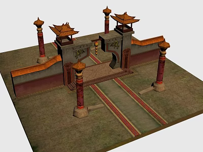 Ancient Architecture Gateway Featuring Traditional Roof Red Pillars And Stone Steps 3d model