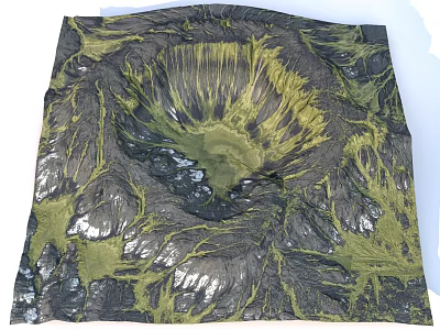 3D Volcano Terrain Model With Green Black Textures And Lava Flows 3d model